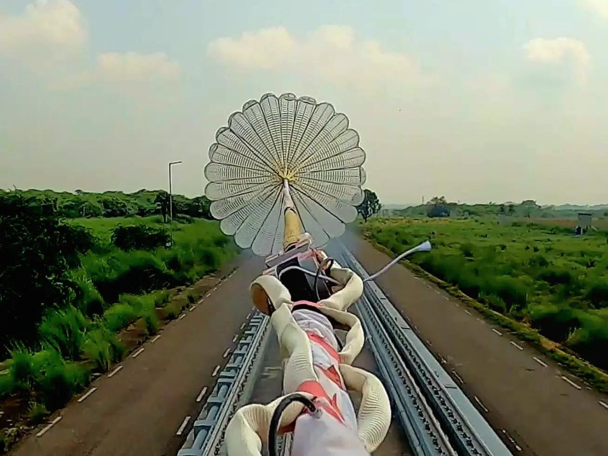 ISRO has successfully performed a series of three drogue parachute deployment tests for the Gaganyaan mission. The tests were conducted by the Vikram Sarabhai Space Center (VSSC), ISRO, at the rail track rocket sled facility of the Terminal Ballistics Research Laboratory in Chandigarh, from August 8 to 10, 2023. (Photo: ISRO)
