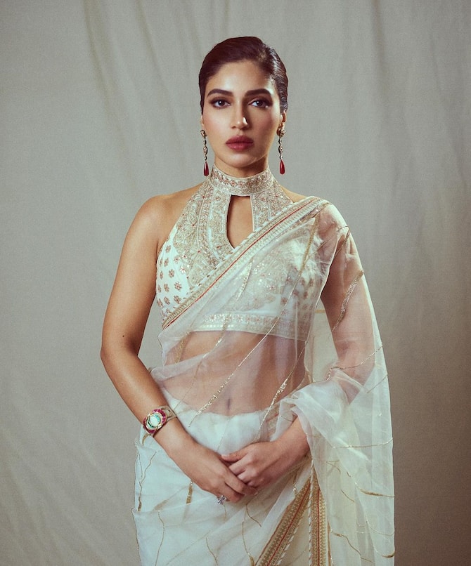 Bhumi Pednekar Flaunts The Classic White And Gold Saree Look Check Out The Pics