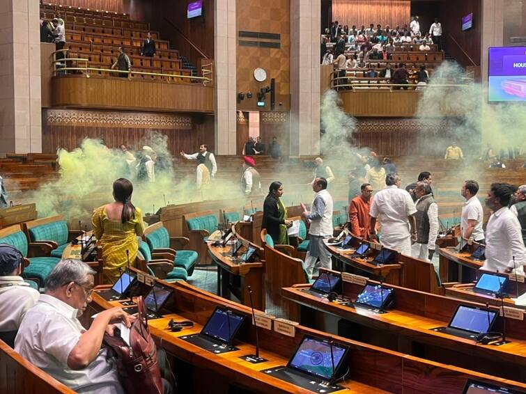 Security Breach In Lok sabha two persons jumped into the house from visitor's galleries and threw fluorescent gas House adjourned Parliament Winter Session 2023 Sansad update मोठी बातमी : लोकसभेत सुरक्षेत मोठी चूक, अज्ञाताची प्रेक्षक गॅलरीतून उडी, स्मोक कँडल जाळल्या