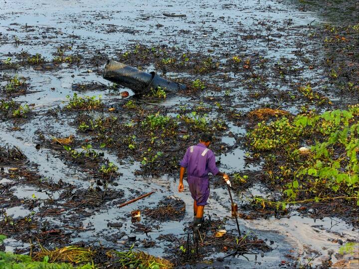 Amid the heavy rainfall caused by Cyclone Michaung, an oil spill occurred in Buckingham Canal at Ennore Creek in Chennai.