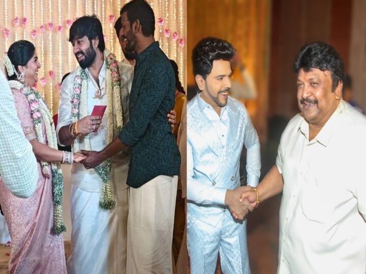 Adhik Ravichandran Aishwarya marriage photos celebrities legend saravanan dulquer salman attends prabhu daughter marriage Adhik Ravichandran - Aishwarya marriage : விஷால் முதல் லெஜெண்ட் சரவணன் வரை... ஆதிக் ரவிச்சந்திரன் - ஐஸ்வர்யா திருமணத்திற்கு வந்த பிரபலங்கள்...