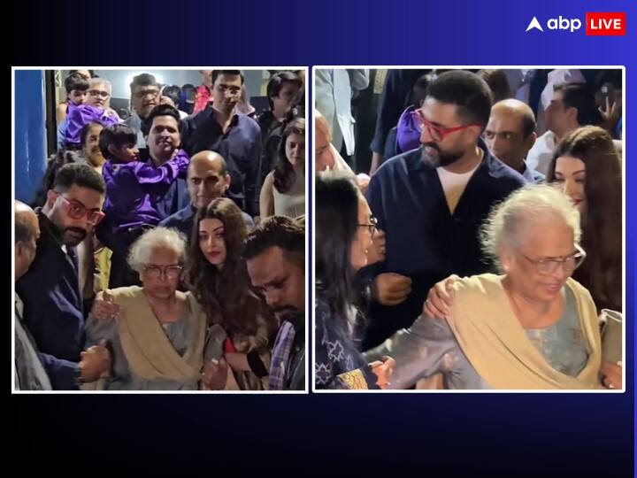 Abhishek Bachchan was seen taking care of his mother in law Vrinda Rai amid rumors of rift with wife Aishwarya Rai Video Viral Watch: पत्नी ऐश्वर्या राय संग अनबन की खबरों के बीच अपनी सासु मां की केयर करते नजर आए Abhishek Bachchan, भीड़ में थामे दिखे मदर इन लॉ का हाथ