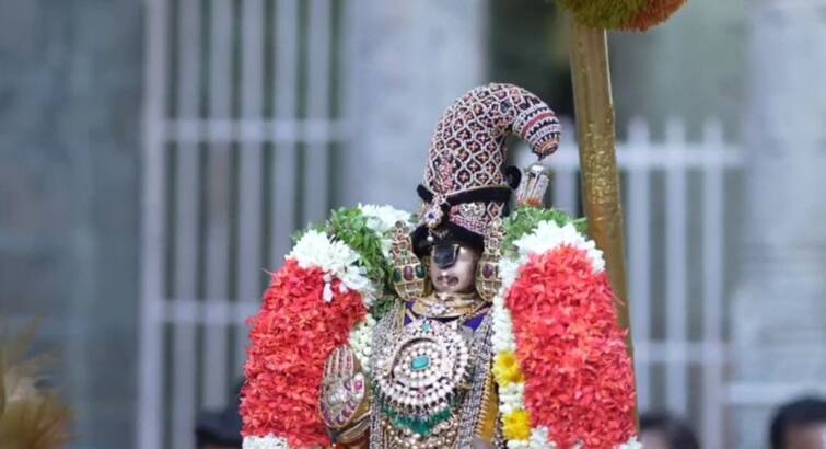 Vaikunda Ekadasi 2023 Sri rangam temple Festival Day Ten 4 Day Perumal in Pearl Slanted Garland TNN Vaikunda Ekadasi 2023: வைகுண்ட ஏகாதசி திருவிழா; பகல் பத்து  4 நாள் முத்து சாய்வு கொண்டை அலங்காரத்தில் பெருமாள்