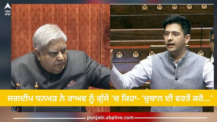 Jagdeep Dhankhar didn't like this talk of Raghav Chadha, says in anger - 'Use your tongue...' Rajya Sabha chairman Jagdeep Dhankhar: ਜਗਦੀਪ ਧਨਖੜ ਨੂੰ ਰਾਘਵ ਚੱਢਾ ਦੀ ਇਹ ਗੱਲ ਨਹੀਂ ਆਈ ਪਸੰਦ, ਗੁੱਸੇ 'ਚ ਬੋਲੇ- 'ਜ਼ੁਬਾਨ ਦੀ ਵਰਤੋਂ ਕਰੋ...'