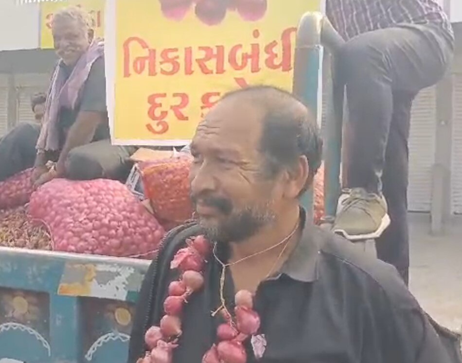 A farmer of Dhoraji buried himself in a pile of onions in the field