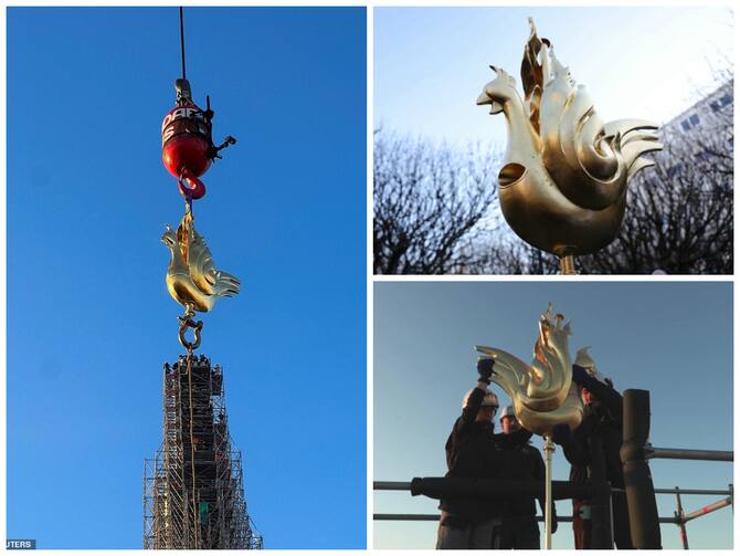 New Golden Rooster Fitted To Spire Of Paris' Notre Dame Cathedral