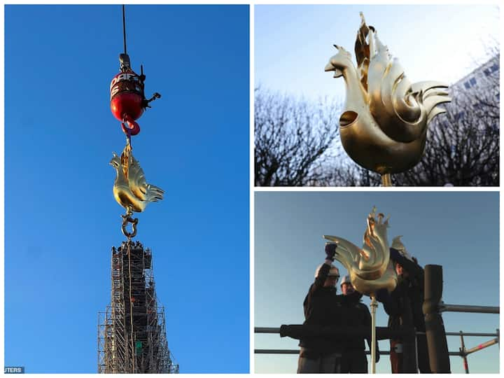 The new golden rooster containing relics saved from the Notre Dame cathedral which caught on fire in 2019, was installed atop the spire on Saturday.