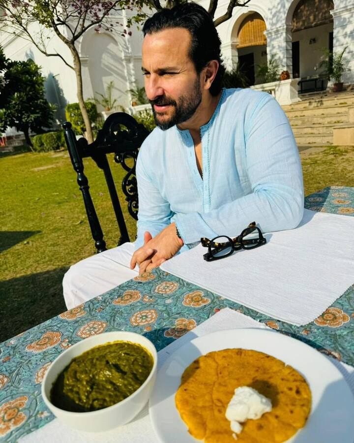 In one of the pictures, Saif is seen sitting at the breakfast table wearing kurta pyjama. The breakfast table had sarso ka saag and makke ki roti with butter.