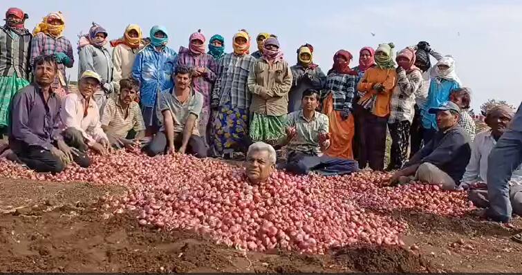 Onion Price And Exports Protest: Dhoraji Farmers Make Protest over the Onion Price cuts and Exports Banned from country Onion Protest: ધોરાજીના ખેડૂતે ખેતરમાં જ ડુંગળીના ઢગલામાં લગાવી સમાધિ, સરકાર સામે અનોખો વિરોધ