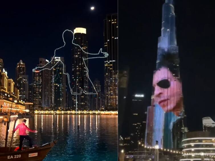 Dunki movie fever in Dubai Shah Rukh Khan movie Trailer Drone Show light up Burj Khalifa VIDEO: दुबईत किंग खानच्या 'डंकी'ची क्रेझ; ड्रोन शो अन् बुर्झ खलिफावर चित्रपटाचा ट्रेलरही झळकला!