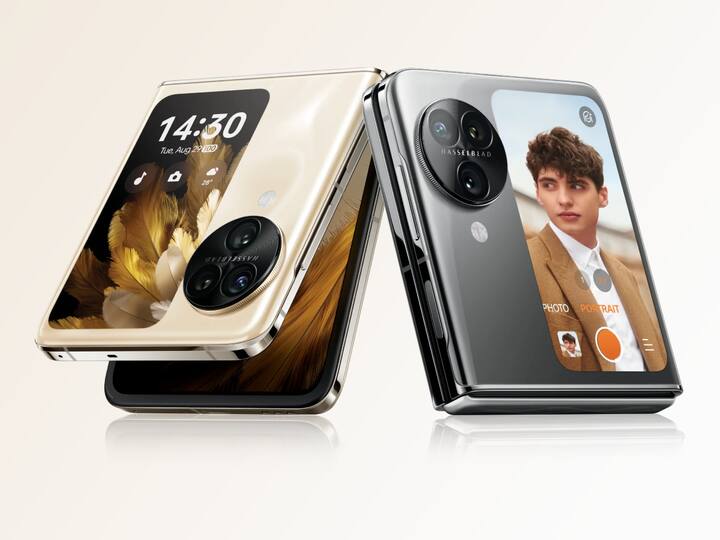 Oppo Find N3 Flip (Price: Rs 94,999) — Oppo's Find N3 Flip stands out as a premium flip phone, featuring a sleek design, a 3.26-inch HD+ AMOLED cover display, a 6.8-inch AMOLED LTPO FHD+ internal foldable display, and a powerful camera setup. It notably becomes the first flip phone with three high-quality cameras, including a 50-megapixel main sensor with OIS, a 32-megapixel telephoto with 2x optical zoom, and a 48-megapixel ultrawide, all developed in collaboration with Hasselblad.
