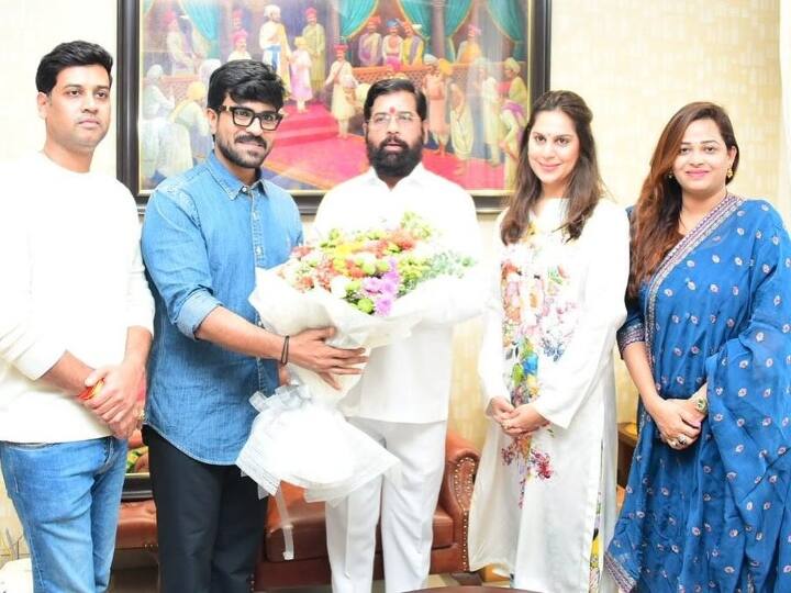 Ram Charan and Upasana Kamineni Konidela Meet Maharashtra CM Eknath Shinde in Mumbai மகாராஷ்ட்ரா முதலமைச்சரை நேரில் சென்று சந்தித்த ராம்சரண்! ஆரத்தி எடுத்து வரவேற்ற ஷிண்டே மருமகள்!