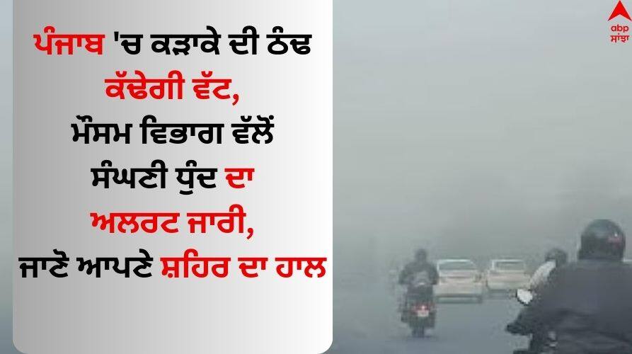 Punjab Weather: ਪੰਜਾਬ 'ਚ ਕੜਾਕੇ ਦੀ ਠੰਢ ਕੱਢੇਗੀ ਵੱਟ, ਮੌਸਮ ਵਿਭਾਗ ਵੱਲੋਂ ਸੰਘਣੀ ਧੁੰਦ ਦਾ ਅਲਰਟ ਜਾਰੀ, ਜਾਣੋ ਆਪਣੇ ਸ਼ਹਿਰ ਦਾ ਹਾਲ weather update Punjab weather report today 24 december 2023 Dense fog alert issued by Meteorological Department Punjab Weather: ਪੰਜਾਬ 'ਚ ਕੜਾਕੇ ਦੀ ਠੰਢ ਕੱਢੇਗੀ ਵੱਟ, ਮੌਸਮ ਵਿਭਾਗ ਵੱਲੋਂ ਸੰਘਣੀ ਧੁੰਦ ਦਾ ਅਲਰਟ ਜਾਰੀ, ਜਾਣੋ ਆਪਣੇ ਸ਼ਹਿਰ ਦਾ ਹਾਲ
