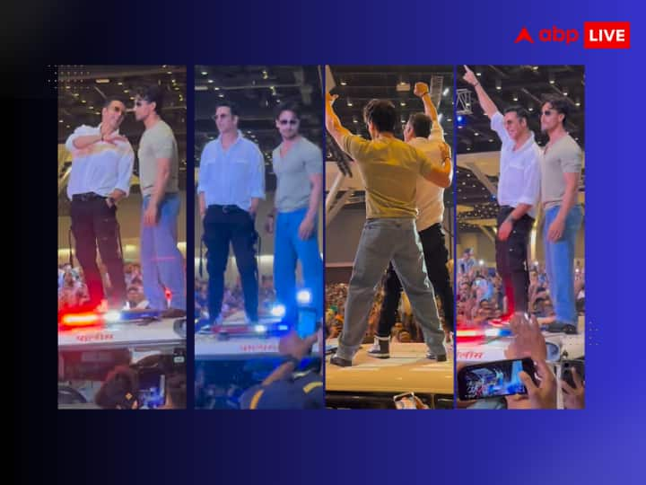 Umang police show at jio convention centre akshay kumar tiger shroff on police van waved at fans bade miyan chhote miyan Umang Police Show: पुलिस वैन पर चढ़कर अक्षय कुमार ने दिखाया टाइगर श्रॉफ संग 'याराना', 'बड़े मियां छोटे मियां' को एक साथ देख उमड़ी फैंस की भीड़