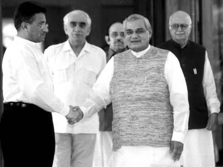 This iconic image of Vajpayee as Prime Minister of India with Pakistan President Parvez Musharraf before the Agra summit is from 2001.  The Agra summit was a historic two-day summit meeting between India and Pakistan which lasted from 14–16 July 2001. Image Source: Getty Images