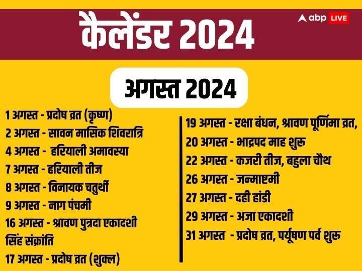 अगस्त 2024 के व्रत त्योहार