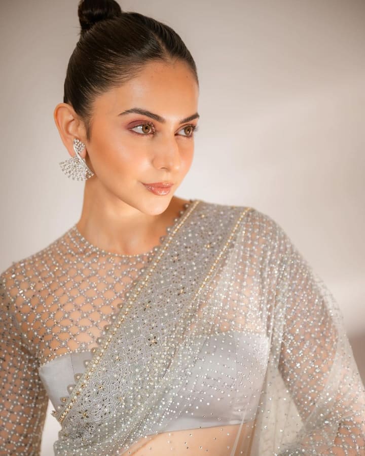 Dressed in a silver sheer saree with a matching blouse, Rakul is making her fans swoon.