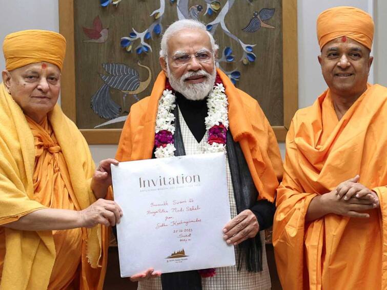 BAPS Hindu Mandir Abu Dhabi Pujya Swami Ishwarcharandas Heartfelt invitation to PM Modi for Inauguration Ceremony PM Narendra Modi Accepts Invitation To Inaugurate BAPS Hindu Mandir In Abu Dhabi On Feb 14