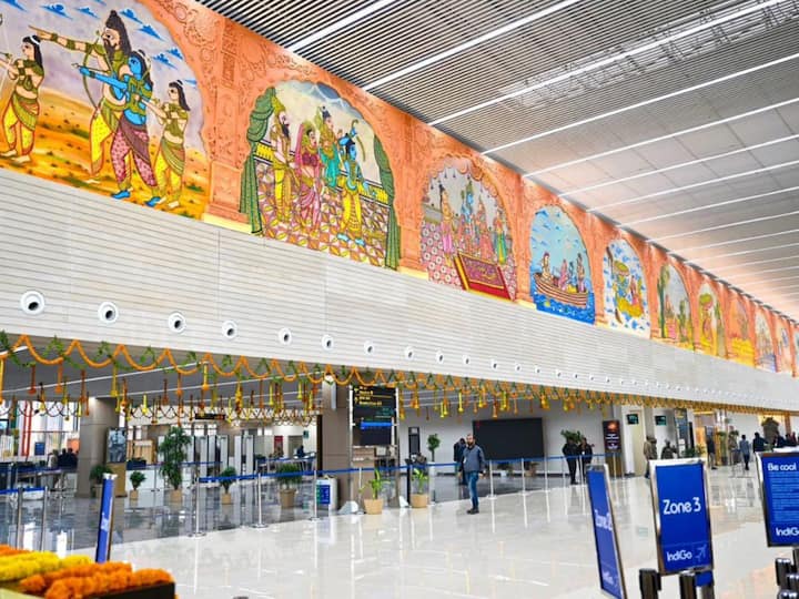 The interiors of the terminal building have been decorated with themes from local art, paintings and murals depicting the life of Lord Ram. (Image: PTI)
