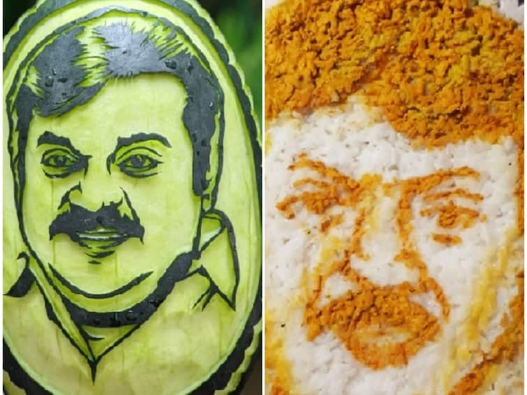 Vijayakanth Funeral Coimbatore Fans of  paid tribute by drawing the image of late Vijayakanth on fruit and rice - TNN Vijayakanth: மறைந்த விஜயகாந்த் உருவத்தை பழத்திலும், சோற்றிலும் வரைந்து அஞ்சலி செலுத்திய கோவை ரசிகர்கள்