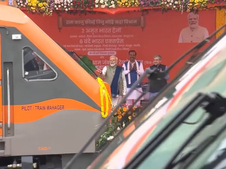Prime Minister Modi flags off the new Amrit Bharat and Vande Bharat trains. (Source: YouTube@BJP4India)