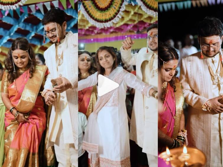 prathamesh laghate family welcome mugdha vaishampayan after marriage video viral on social media VIDEO: फुलांच्या पायघड्या, औक्षण आणि भन्नाट उखाणा;  मुग्धा वैशंपायनचं सासरी 'असं' झालं स्वागत