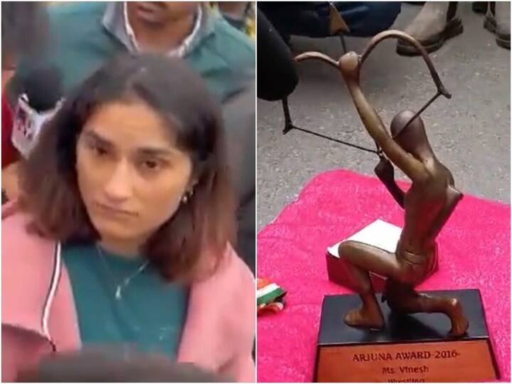 WFI Row: Vinesh Phogat Left Khel Ratna Arjuna Awards on a Pavement in New Delhi Check Details Vinesh Phogat: అర్జున, ఖేల్‌రత్న అవార్డులను పేవ్‌మెంట్‌పై వదిలేసిన వినేష్ ఫోగట్ - న్యాయం జరగలేదనే!
