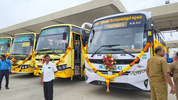 கிளாம்பாக்கம் பேருந்து நிலையத்தில் வரிசையாக நிற்கும் அரசு பேருந்துகள்