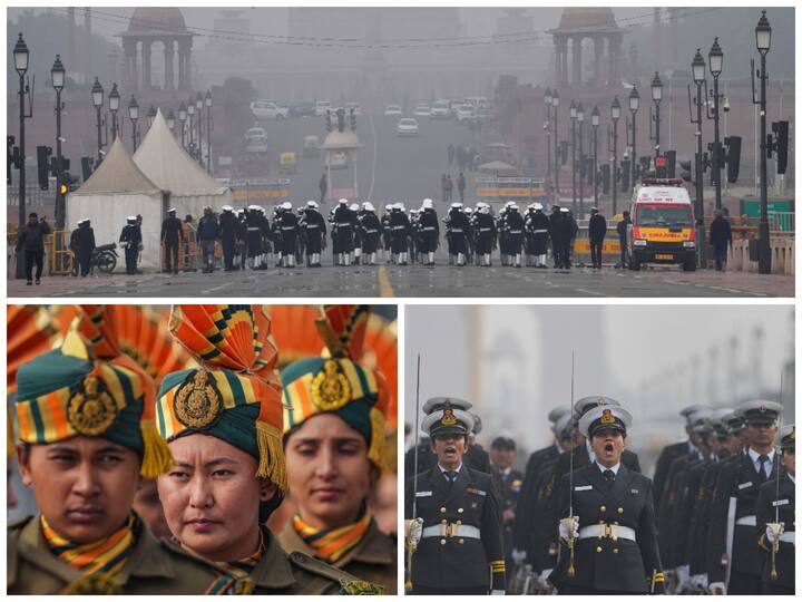 Amid the early morning fog on Tuesday morning, troops were seen rehearsing for the Republic Day parade at Kartavya Path, in New Delhi.