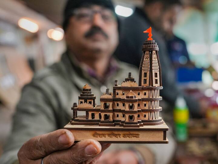 Detailed models replicate the grand architecture of the Ramjanmabhoomi temple under construction. (Image Source: PTI Images)