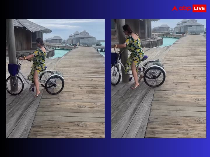 twinkle khanna cycle bang with pole video akshay kumar reaction viral मालदीव में साइकिल चलाते हुए खंबे से टकरा गईं Twinkle Khanna, गिरते-गिरते बचीं अक्षय कुमार की पत्नी