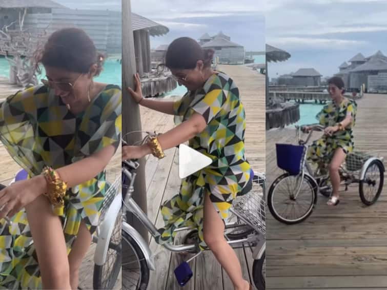 Twinkle Khanna cycle bang with pole akshay kumar reaction video viral on social media VIDEO: मालदीवमध्ये सायकलिंग करताना ट्विंकल खन्नासोबत घडली घटना; पत्नीला पाहून खिलाडी अक्षय खळखळून हसला, व्हिडीओ व्हायरल