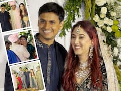 Ira-Nupur Wedding: गोल्डन डिजाइनर आउटफिट में बला की खूबसूरत लगीं आयरा खान... शेरवानी में खूब जचे नुपुर शिखरे, यहां देखें लेटेस्ट तस्वीरें