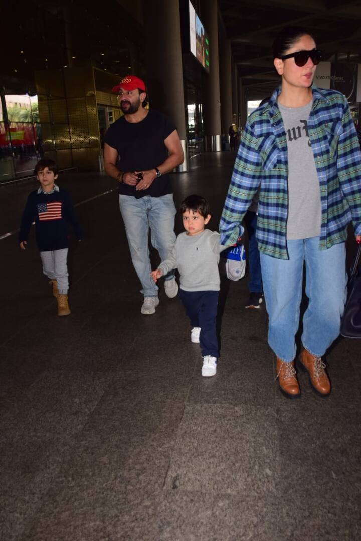 वहीं इस दौरान सैफ अली खान ब्लू डेनिम के साथ ब्लैक टीशर्ट पर रेड कैप लगाए काफी हैंडसम लग रहे थे. कपल के दोनों बेटे तैमूर और जेह भी कैजुअल आउटफिट में काफी क्यूट लग रहे थे.