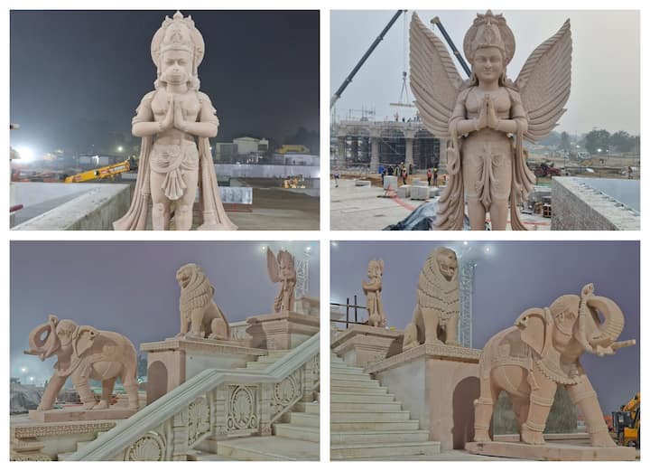 Ahead of Ram temple's consecration ceremony in Ayodhya, idols of elephant, lion, Hanuman, and Garuda have been installed at the entrance gate of mandir. The consecration will take place at 12.20 pm.