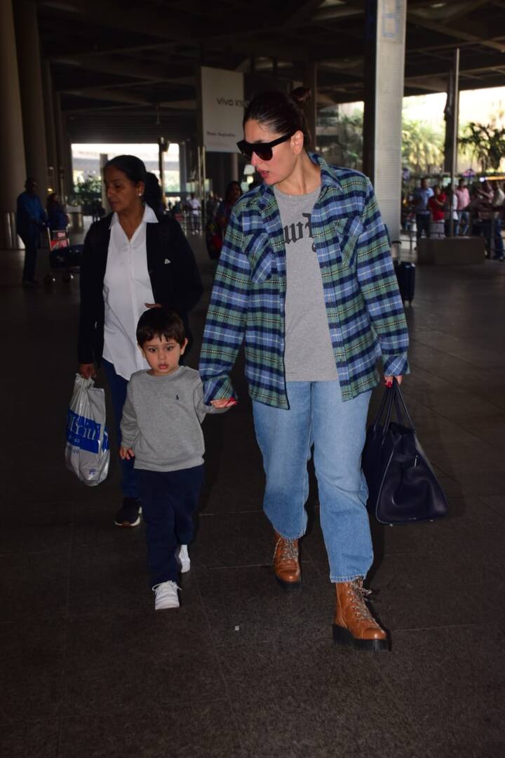 इस दौरान करीना कपूर काफी कूल लुक में दिखीं. एक्ट्रेस ने ब्लू डेनिम के साथ ग्रे टीशर्ट पर चेक की शर्ट पेयर की थी.