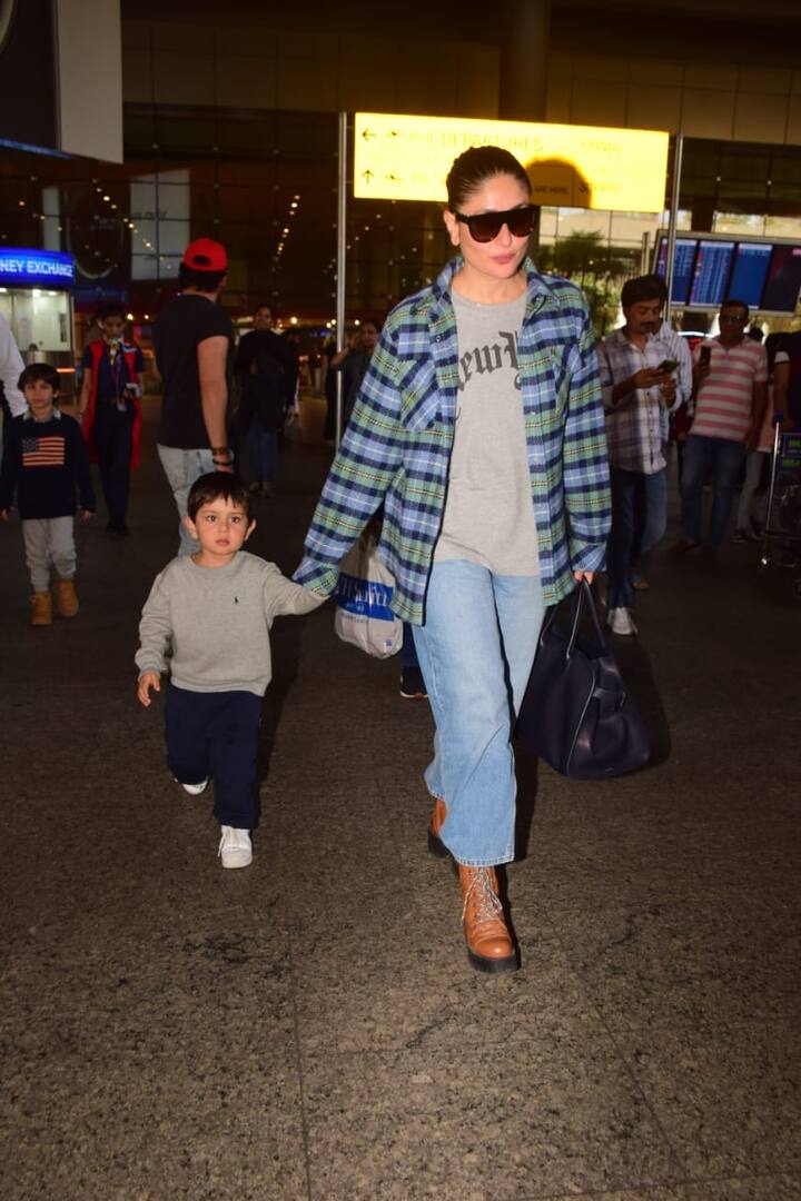 एयरपोर्ट पर जहां करीना अपने छोटे बेटे जेह का हाथ थामे हुए नजर आईं.