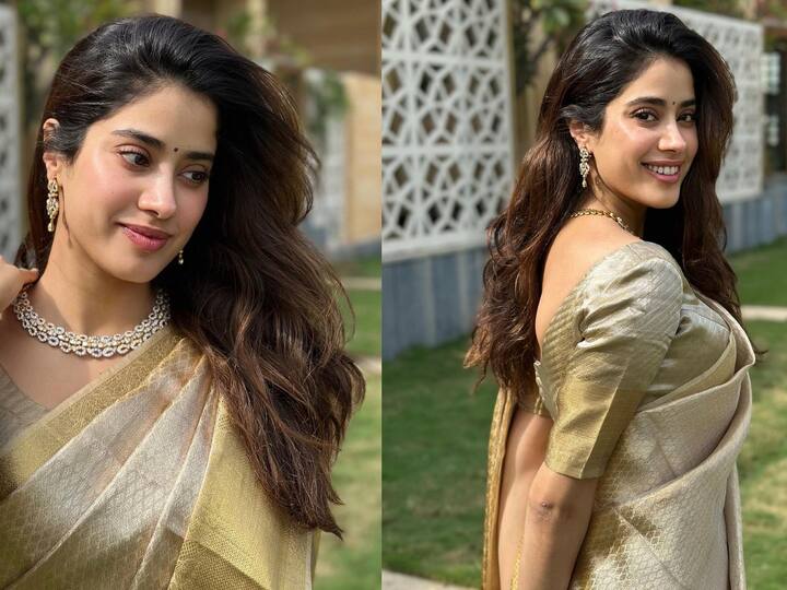 Janhvi Kapoor Photos : அழகான தங்க நிற சேலை அணிந்த ஜான்வி, திருப்பதி கோயிலில் சுவாமி தரிசனம் செய்துள்ளார்.