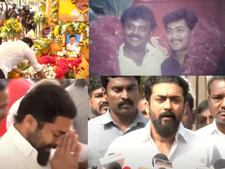 actor suriya paying his homage to vijayakanth  memorial Actor Suriya: சாப்பாடு ஊட்டி விட்டார்.. விஜயகாந்தைப்போல யாரும் இல்லை ; கண்ணீர் மல்க பேசிய நடிகர் சூர்யா