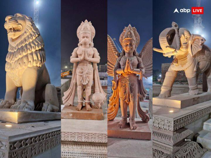 मंदिर के प्रवेश द्वार पर हनुमान जी, हाथी, शेर, गरुड़ देव की मूर्तियां लगी हैं. तीन मंजिला राम मंदिर 392 खंभों पर टिका है. प्रथम तल के गर्भगृह में रामलला विराजित होंगे.