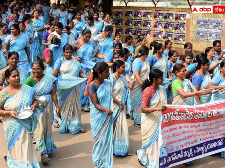 Tension at Anganwadi strike in Penugonda one woman fell down suddenly AP Anganwadi Strike: అంగన్వాడీల సమ్మెలో ఉద్రిక్తత, కళ్లు తిరిగి పడిపోయిన మహిళ!