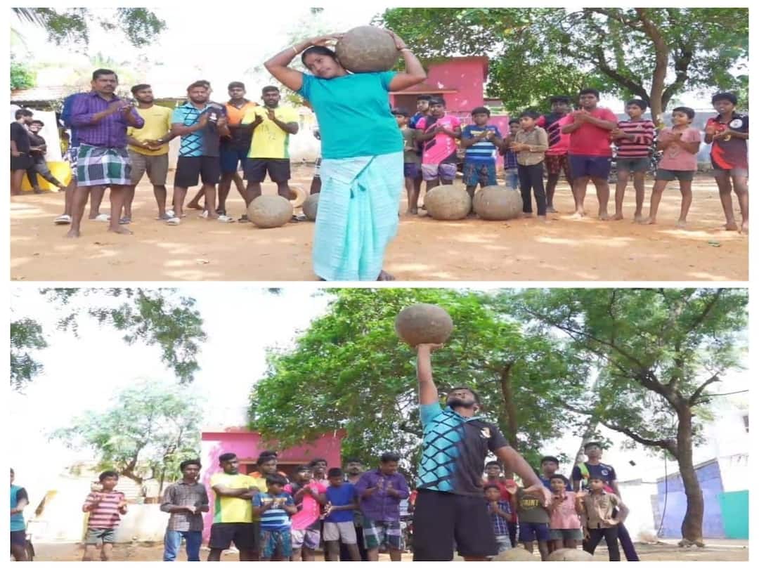 pongal 2024 Nellai stone lifting competition Men women engaged in intensive training - TNN Pongal 2024: வீர விளையாட்டான இளவட்டக்கல் தூக்கும் போட்டி; நெல்லையில் ஆண்கள், பெண்கள் தீவிர பயிற்சி