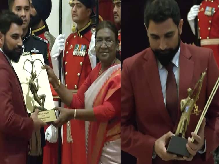 Mohammed Shami received the Arjuna Award from President Droupadi Murmu at the National Sports Awards Mohammed Shami Arjuna Award :  मोहम्मद शामीचा सर्वोच्च गौरव, अर्जुन पुरस्कारानं केले सन्मानित