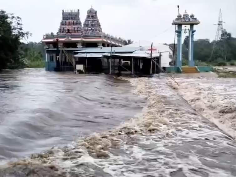 Access to Anjaneya temple is prohibited due to flood in palar river கனமழையால் பாலாற்றில் வெள்ளப்பெருக்கு! ஆஞ்சநேயர் கோயிலுக்கு செல்ல தடை!
