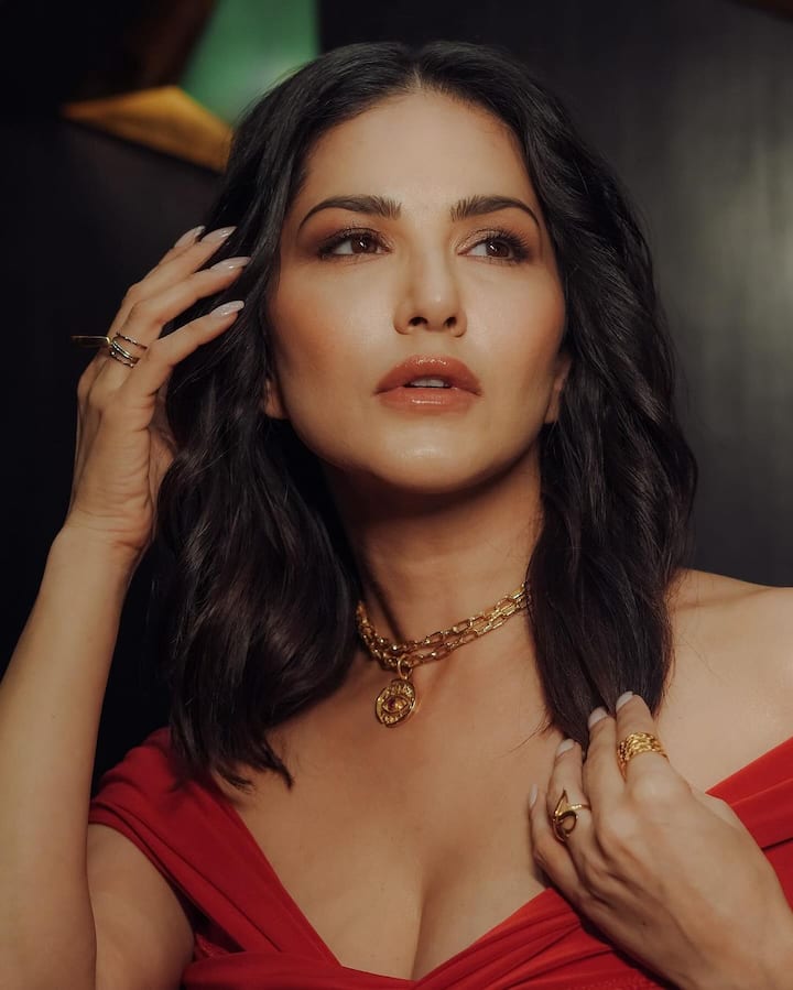 Sunny had her short hair styled into soft curls and accessorised with golden jewellery.