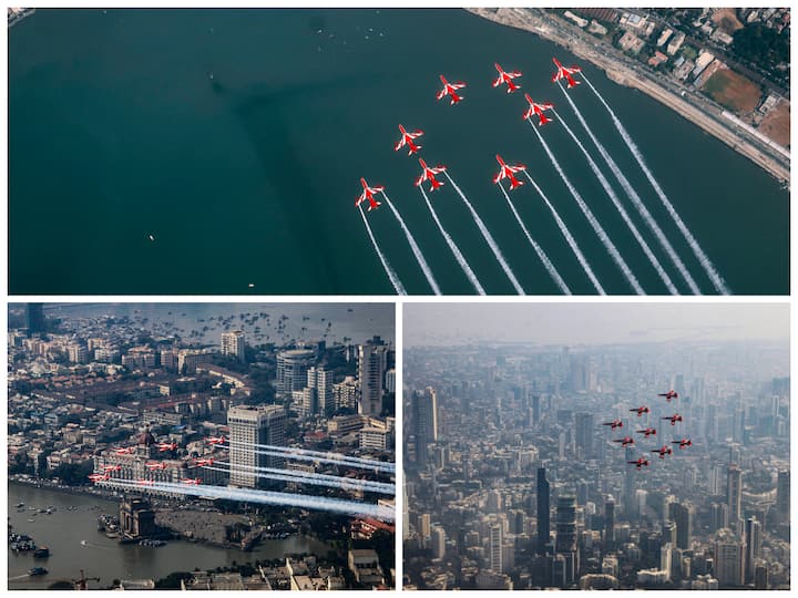 Indian Air Force's Suryakiran Aerobatics Team was seen rehearsing for an air show over Marine Drive in Mumbai on Friday.