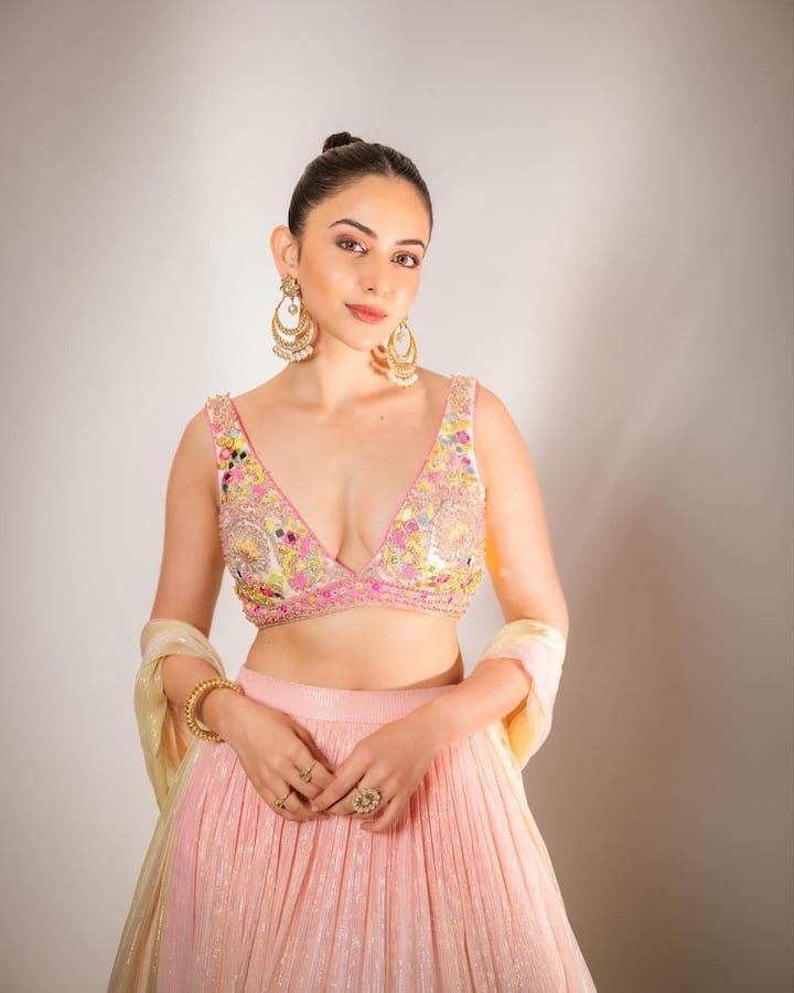 రకుల్ ప్రీత్ సింగ్ తాజాగా లైట్ పింక్ కలర్ లెహంగా డ్రెస్​లో మెరిసింది. పువ్వులున్న డీప్​నెక్ బ్లౌజ్​తో, నెట్టెడ్ చున్నీతో తన లుక్​ని సెట్​ చేసుకుంది. చెవులకు వేలాడే పెద్ద ఇయర్ రింగ్స్ పెట్టుకుని, జుట్టును ముడి వేసి ఫోటోలకు ఫోజులిచ్చింది.(Images Source : Instagram/rakulpreet)