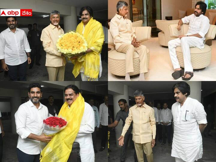 Chandrababu Pawan Meeting: జనసేన అధినేత పవన్ కళ్యాణ్ తొలిసారి ఉండవల్లిలోని చంద్రబాబు నివాసానికి వెళ్లారు. చంద్రబాబు, పవన్ డిన్నర్ మీటింగ్ లో లోకేష్, నాదెండ్ల మనోహర్ పాల్గొన్నారు.