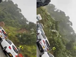 जाम में खड़ी गाड़ियों पर अचानक शुरू हुआ लैंडस्लाइड, देखिए इस हादसे का वीडियो