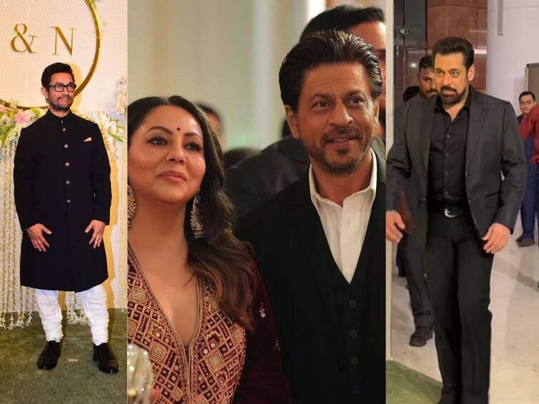 Shah Rukh Khan Salman Khan Reunite with Aamir Khan at Ira and Nupur grand reception Ira-Nupur Reception: আয়রা-নুপূরের রিসেপশনে চাঁদের হাট, আমিরের সঙ্গে এক ফ্রেমে শাহরুখ-সলমন